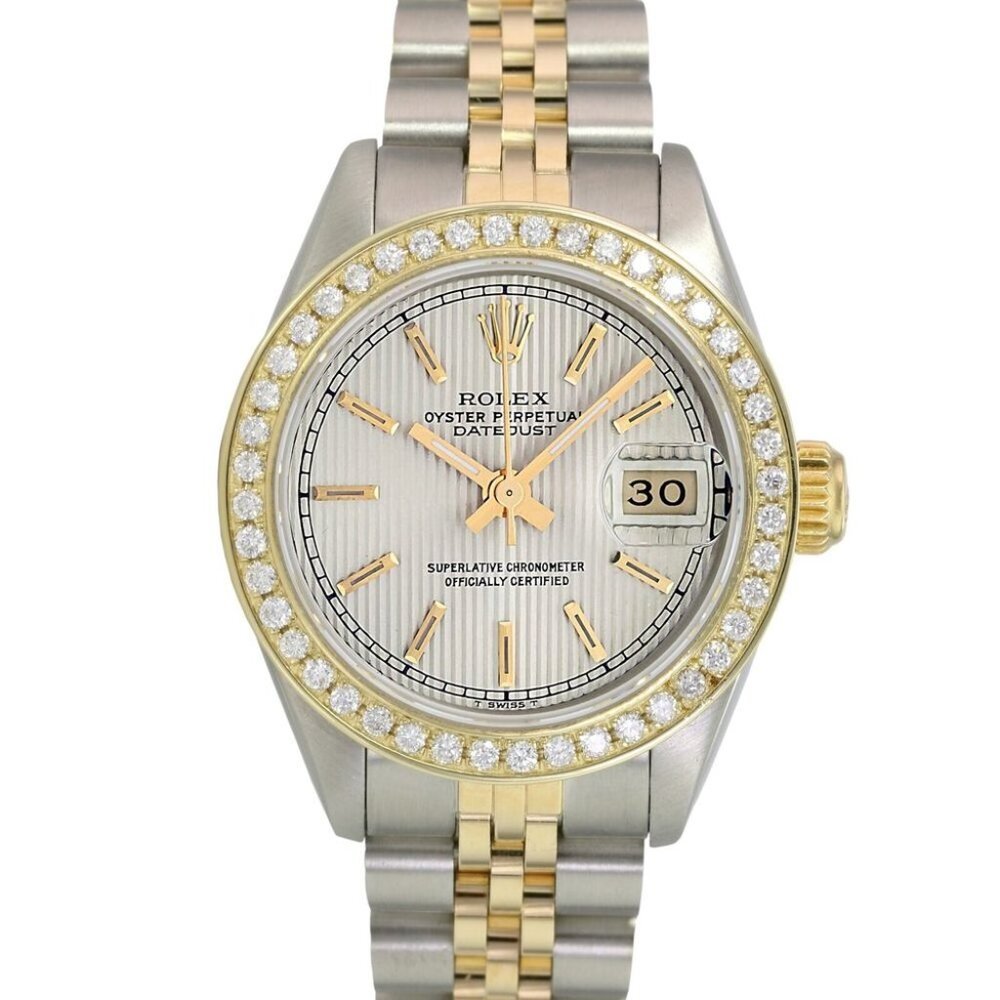 ROLEX DATEJUST SILVER TAPESTRY INDEX DIAL JUBILEE TWO-TONE WATCH 69173 BOX&PAPER